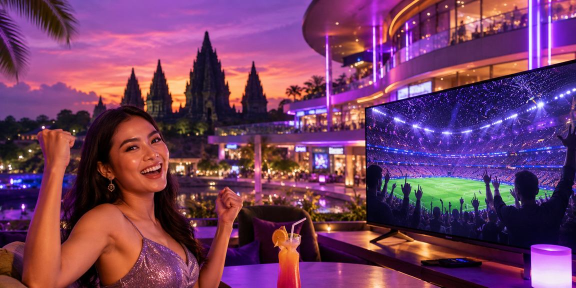 Suasana neon malam hari dengan papan taruhan olahraga bercahaya